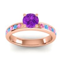 Amethyst Ring In 14K Rose Gold With Pink Tourmaline And Swiss Blue Topaz Dharma Round Classic Ring