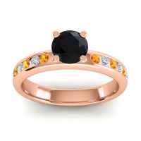 Black Onyx Engagement Ring In 14K Rose Gold With Citrine And Diamond - Dharma Round Classic Ring