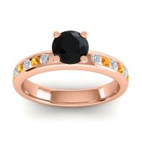 Black Onyx Ring In 14K Rose Gold With Diamond And Citrine Dharma Round Classic Ring
