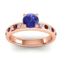Blue Sapphire Ring In 14K Rose Gold With Lab Diamond And Garnet Dharma Round Classic Ring