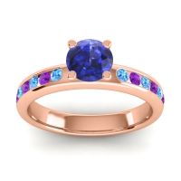 Blue Sapphire Ring In 14K Rose Gold With Swiss Blue Topaz And Amethyst Dharma Round Classic Ring