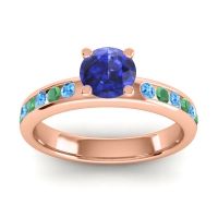 Blue Sapphire Ring In 14K Rose Gold With Swiss Blue Topaz And Emerald Dharma Round Classic Ring