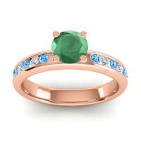 Emerald Engagement Ring In 14K Rose Gold With Swiss Blue Topaz And Diamond - Dharma Round Classic Ring