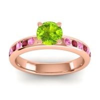 Peridot Ring In 14K Rose Gold With Pink Tourmaline And Ruby Dharma Round Classic Ring