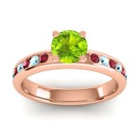Peridot Ring In 14K Rose Gold With Ruby And Aquamarine Dharma Round Classic Ring