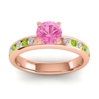 Pink Tourmaline Ring In 14K Rose Gold With Lab Diamond And Peridot Dharma Round Classic Ring