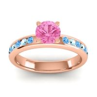 Pink Tourmaline Ring In 14K Rose Gold With Swiss Blue Topaz And Aquamarine Dharma Round Classic Ring