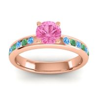 Pink Tourmaline Ring In 14K Rose Gold With Swiss Blue Topaz And Emerald Dharma Round Classic Ring