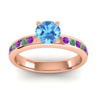 Swiss Blue Topaz Ring In 14K Rose Gold With Amethyst And Emerald Dharma Round Classic Ring