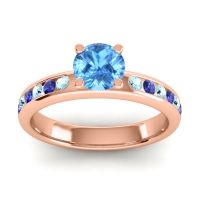 Swiss Blue Topaz Ring In 14K Rose Gold With Aquamarine And Blue Sapphire Dharma Round Classic Ring