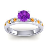 Amethyst Ring In 14k White Gold With Citrine And Lab Diamond Dharma Round Classic Ring