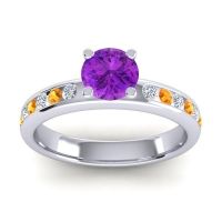 Amethyst Ring In 14k White Gold With Lab Diamond And Citrine Dharma Round Classic Ring
