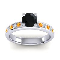 Black Onyx Engagement Ring In 14k White Gold With Citrine And Diamond - Dharma Round Classic Ring