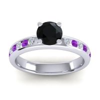 Black Onyx Ring In 14k White Gold With Diamond And Amethyst Dharma Round Classic Ring
