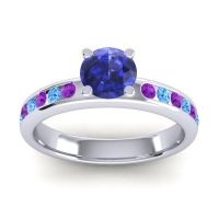 Blue Sapphire Ring In 14k White Gold With Amethyst And Swiss Blue Topaz Dharma Round Classic Ring