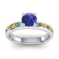 Blue Sapphire Ring In Platinum With Emerald And Citrine Dharma Round Classic Ring