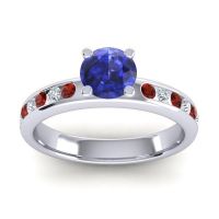 Blue Sapphire Engagement Ring In 14k White Gold With Garnet And Diamond - Dharma Round Classic Ring