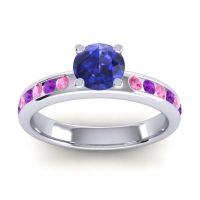 Blue Sapphire Ring In 18k White Gold With Pink Tourmaline And Amethyst Dharma Round Classic Ring