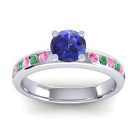 Blue Sapphire Ring In 18k White Gold With Pink Tourmaline And Emerald Dharma Round Classic Ring