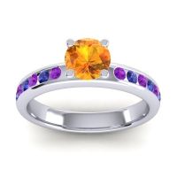 Citrine Ring In 14k White Gold With Amethyst And Blue Sapphire Dharma Round Classic Ring