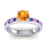 Citrine Ring In 14k White Gold With Blue Sapphire And Pink Tourmaline Dharma Round Classic Ring