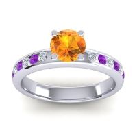 Citrine Ring In 14k White Gold With Lab Diamond And Amethyst Dharma Round Classic Ring