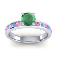 Emerald Ring In 18k White Gold With Pink Tourmaline And Swiss Blue Topaz Dharma Round Classic Ring