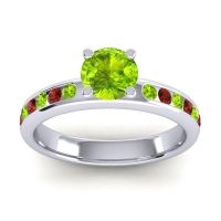 Peridot Ring In 18k White Gold With Garnet Dharma Round Classic Ring
