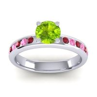 Peridot Ring In 14k White Gold With Ruby And Pink Tourmaline Dharma Round Classic Ring