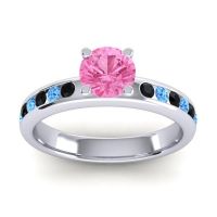 Pink Tourmaline Ring In 14k White Gold With Black Onyx And Swiss Blue Topaz Dharma Round Classic Ring