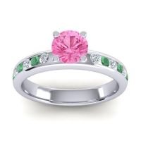 Pink Tourmaline Ring In 14k White Gold With Lab Diamond And Emerald Dharma Round Classic Ring