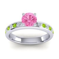 Pink Tourmaline Ring In 14k White Gold With Lab Diamond And Peridot Dharma Round Classic Ring