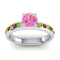 Pink Tourmaline Ring In 14k White Gold With Peridot And Ruby Dharma Round Classic Ring