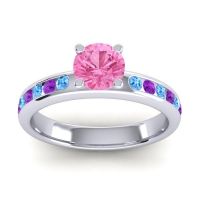 Pink Tourmaline Ring In 14k White Gold With Swiss Blue Topaz And Amethyst Dharma Round Classic Ring