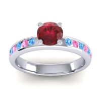 Ruby Ring In 18k White Gold With Swiss Blue Topaz And Pink Tourmaline Dharma Round Classic Ring