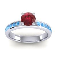 Ruby Ring In 18k White Gold With Swiss Blue Topaz Dharma Round Classic Ring