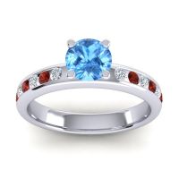 Swiss Blue Topaz Ring In 14k White Gold With Diamond And Garnet Dharma Round Classic Ring