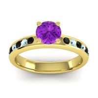Amethyst Ring In 14k Yellow Gold With Black Onyx And Aquamarine Dharma Round Classic Ring