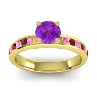 Amethyst Ring In 14k Yellow Gold With Pink Tourmaline And Garnet Dharma Round Classic Ring