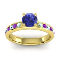 Blue Sapphire Ring In 14k Yellow Gold With Aquamarine And Amethyst Dharma Round Classic Ring
