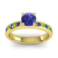 Blue Sapphire Ring In 14k Yellow Gold With Peridot Dharma Round Classic Ring