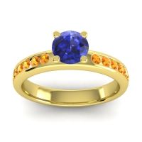 Blue Sapphire Ring In 18k Yellow Gold With Citrine Dharma Round Classic Ring
