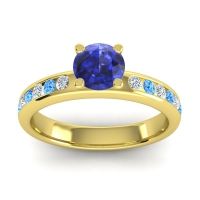 Blue Sapphire Ring In 18k Yellow Gold With Lab Diamond And Swiss Blue Topaz Dharma Round Classic Ring