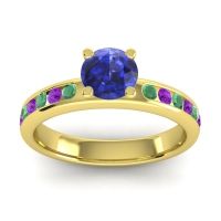 Blue Sapphire Ring In 14k Yellow Gold With Emerald And Amethyst Dharma Round Classic Ring
