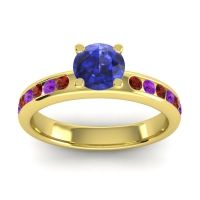 Blue Sapphire Ring In 14k Yellow Gold With Garnet And Amethyst Dharma Round Classic Ring