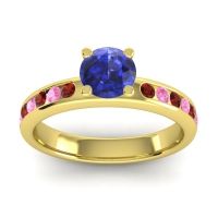 Blue Sapphire Ring In 14k Yellow Gold With Garnet And Pink Tourmaline Dharma Round Classic Ring