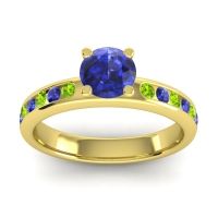 Blue Sapphire Ring In 14k Yellow Gold With Peridot Dharma Round Classic Ring