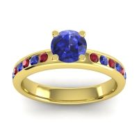 Blue Sapphire Ring In 18k Yellow Gold With Ruby Dharma Round Classic Ring