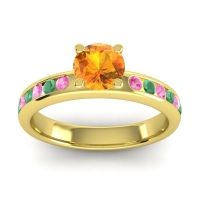 Citrine Ring In 14k Yellow Gold With Pink Tourmaline And Emerald Dharma Round Classic Ring