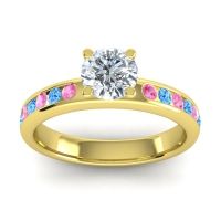 Lab Diamond Ring In 14k Yellow Gold With Pink Tourmaline And Swiss Blue Topaz Dharma Round Classic Ring
